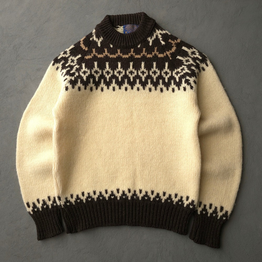 Vintage 70s Pendleton Cream Fair Isle Shetland Wool Sweater Size M